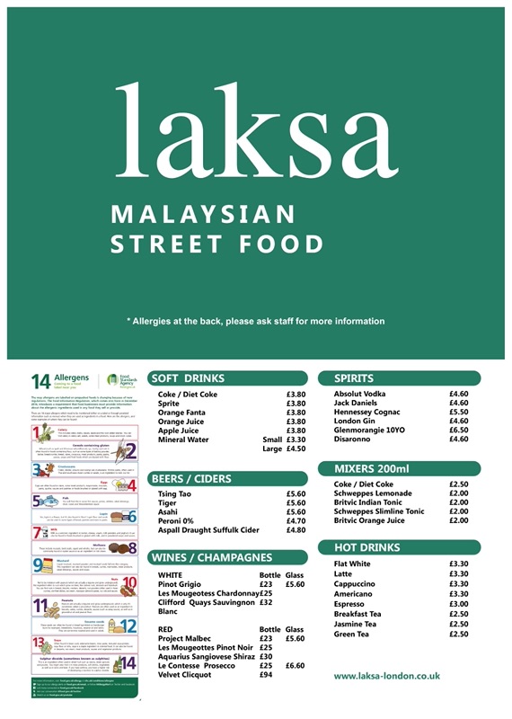 Laksa printed menu — drinks and allergens